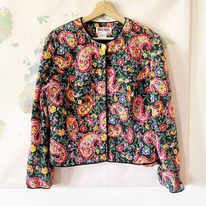 VTG Maggy London Blouse Size 14 Quilted Silk Shacket Button Front Floral Paisley